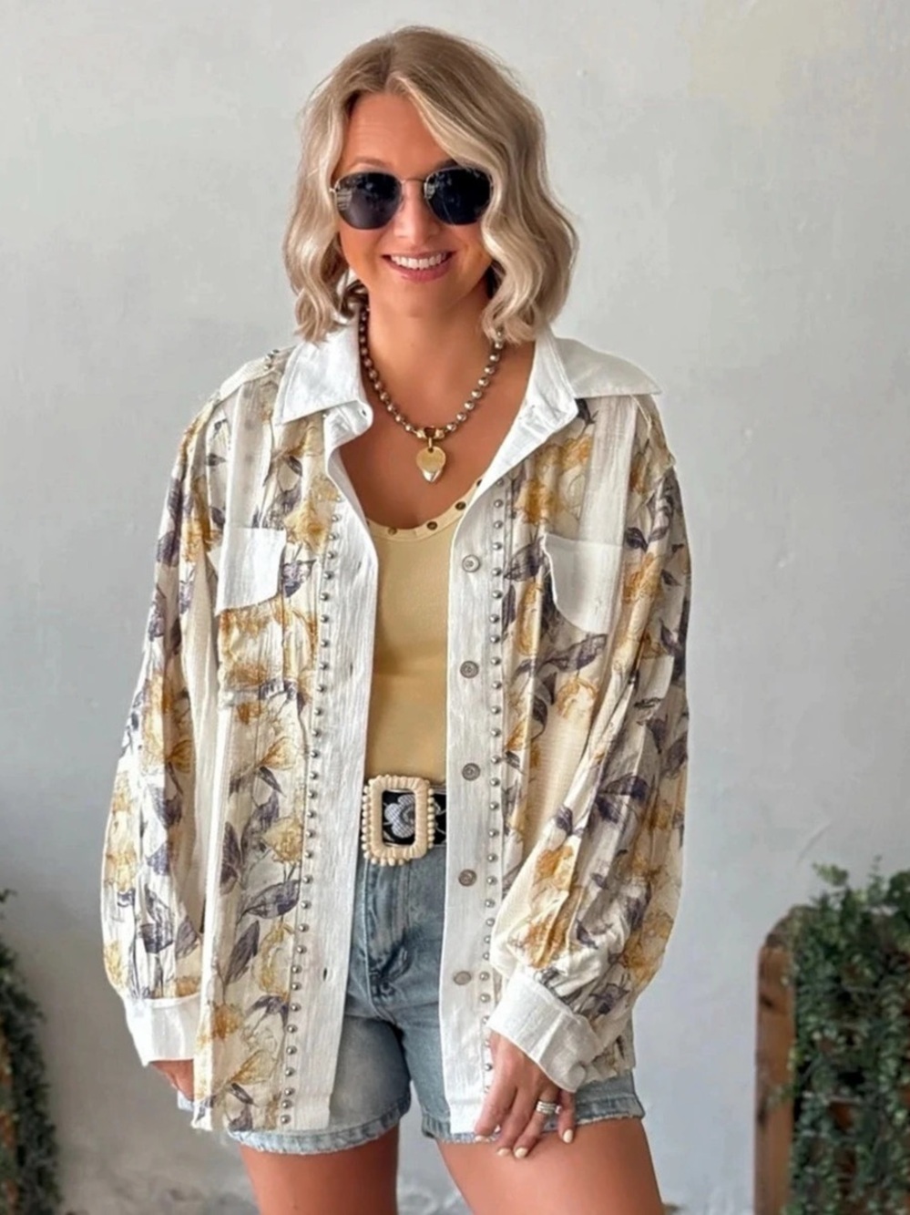 POL Floral Print Button-Down Long Sleeve Shirt Cream & Purple